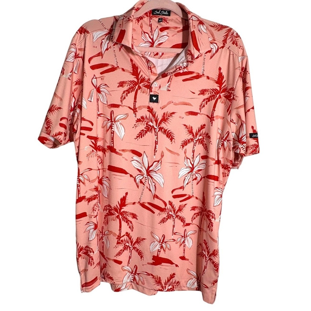 Bad Birdie Ricky Rose Palm Tree Tropical Print Golf Polo Mens LG Excellent